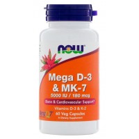 Mega D-3 & MK-7 5000 ME (витамины D-3 и K-2) 180 мкг 60 растительных капсул NOW Foods